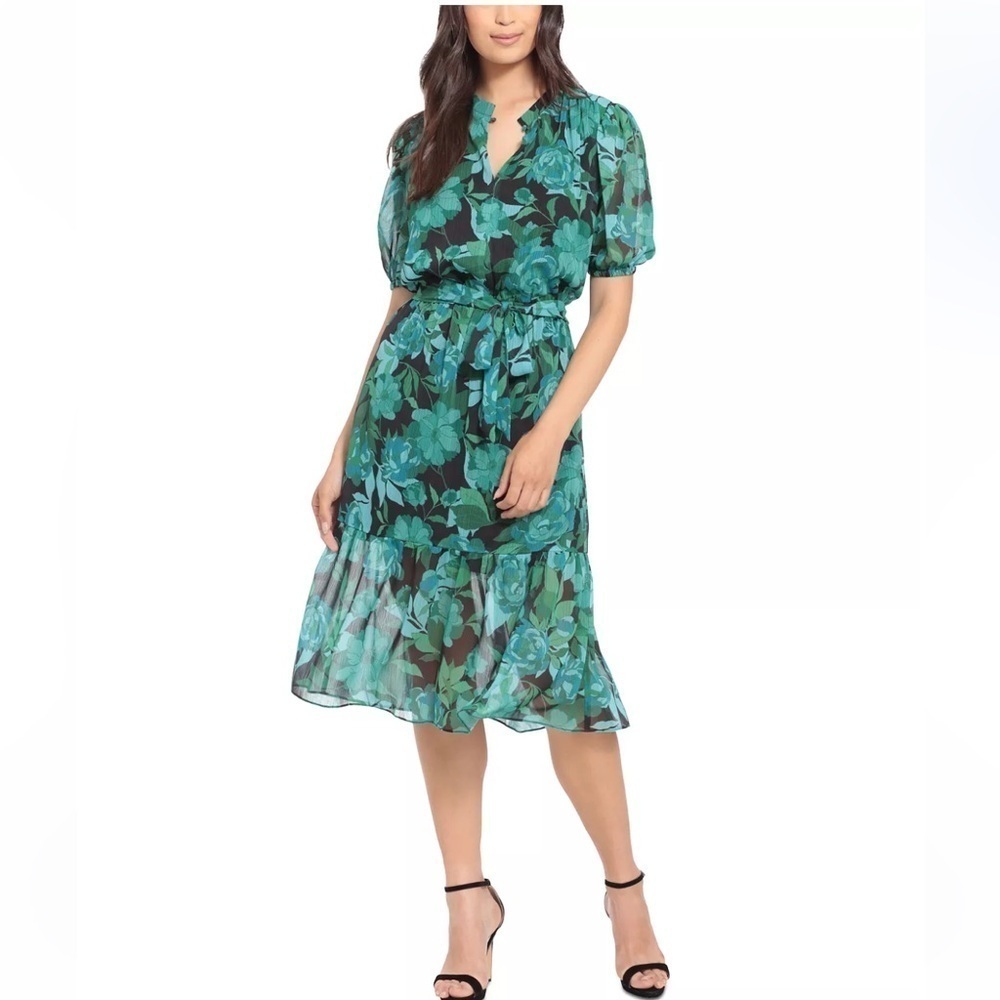 London Times Petite Floral Puff-Sleeve Belted Midi Dress Size 10P MSRP $99